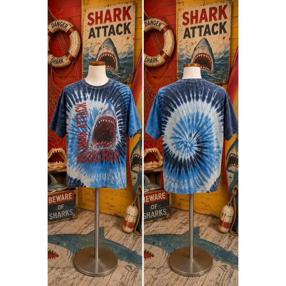 Vintage Shark Attack Tie Dye Myrtle Beach Tee XL Distressed Graphic Shark Week